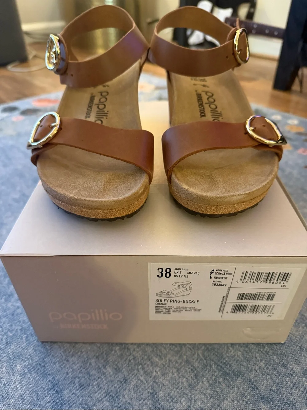 NWT Birkenstock Soley Wedge Sandal in Cognac Brown with Gold Buckles